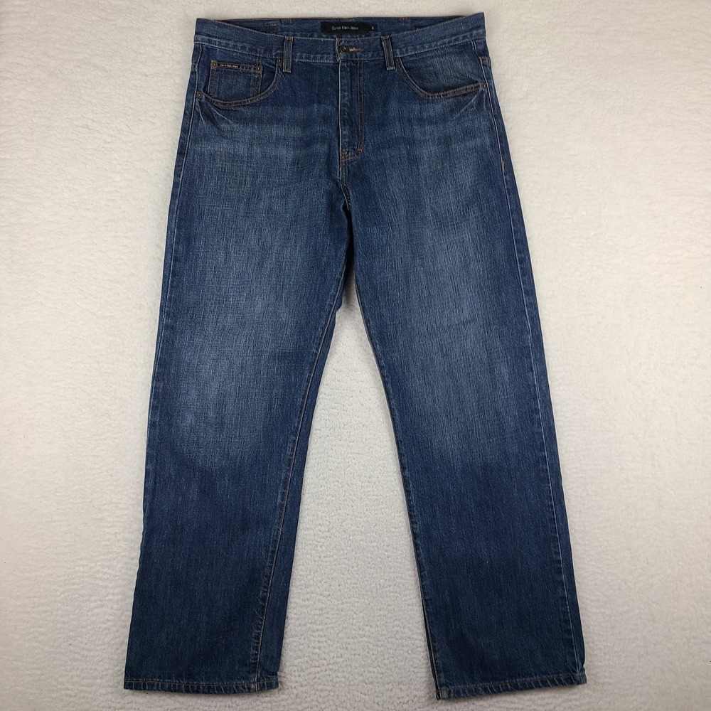 Calvin Klein Jeans Mens 36x32 Blue Relaxed Straight 100%‎ Cotton Dark Wash Denim
